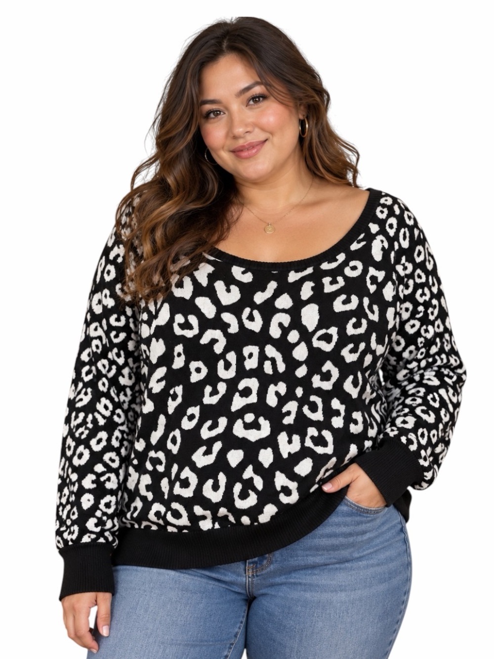 Torrid 1 (1X) Black & White Cotton Leopard Print Scoopneck Lightweight Sweater